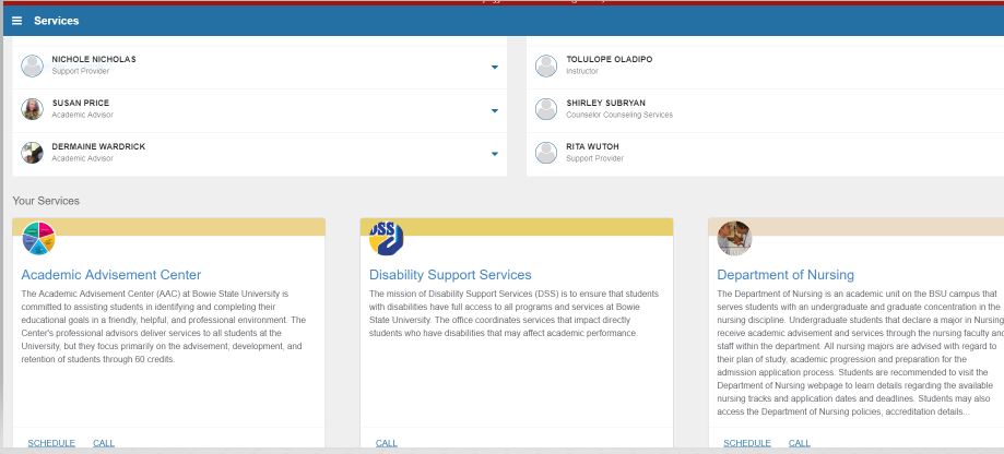 Facsimile of Home Page, once the student has filled the initial information. It contains two areas: on top, people that the student is connected with; on bottom, services provided by BSU. Both areas are active and allow contact