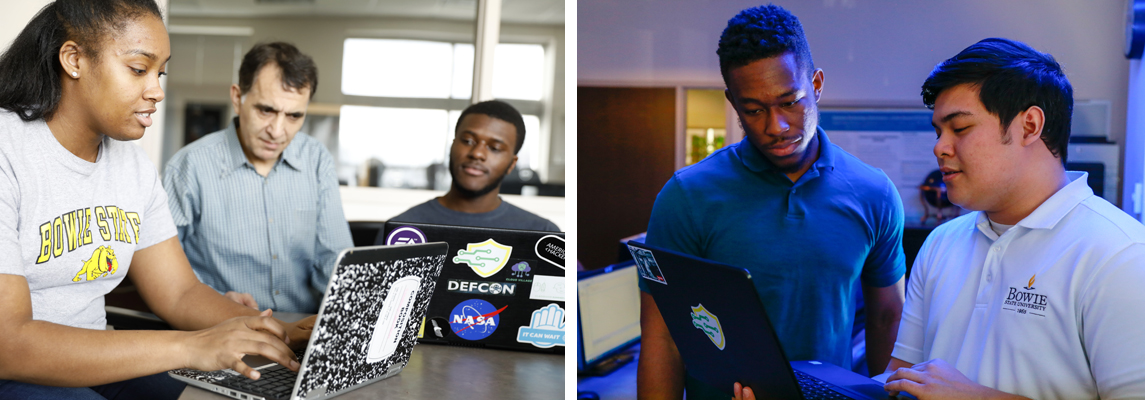 Two students and a professor using a laptop. On the right, students using a laptop.