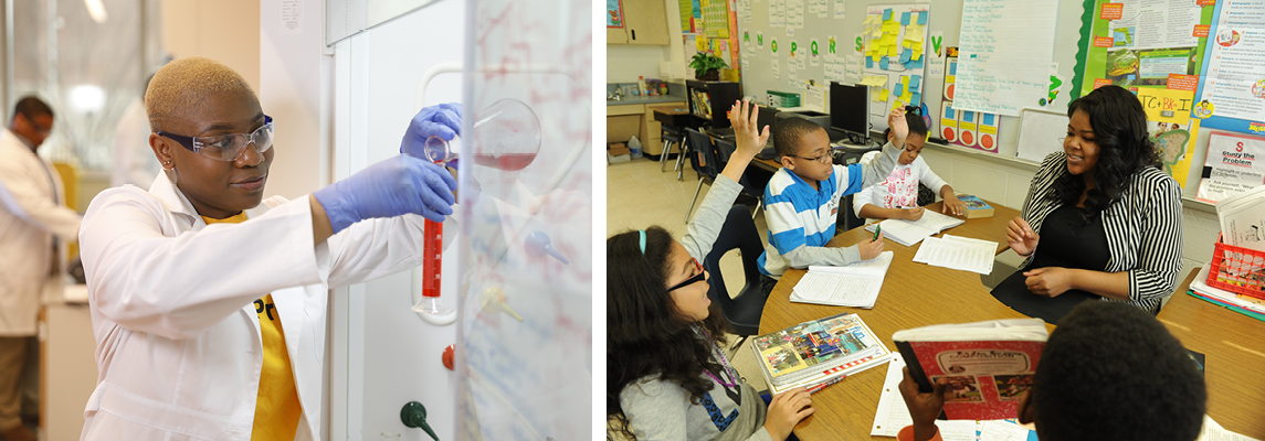 Student in chemistry class (on left) and teacher intern (on right)