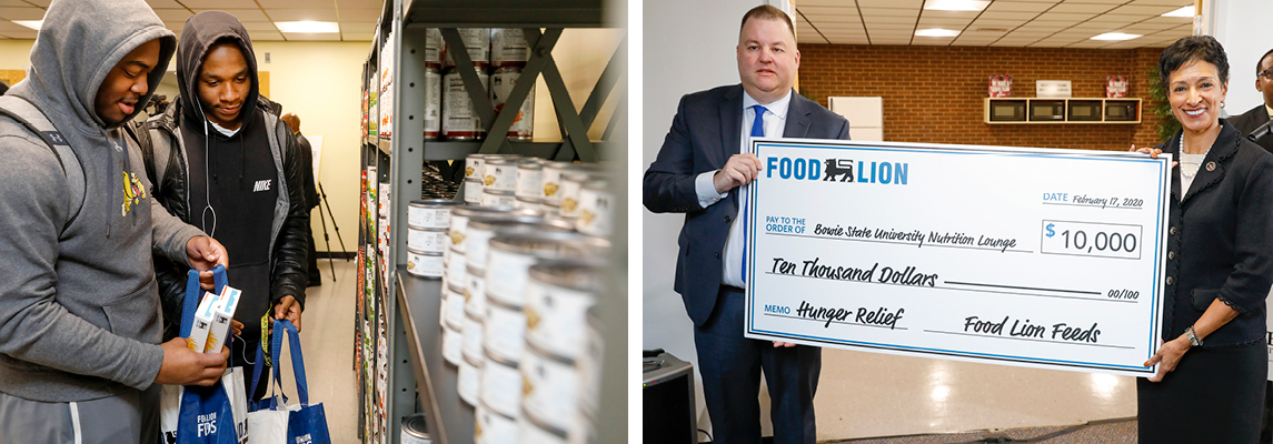 Students using the food pantry (on left) and President Breaux accepting a big check in support of the pantry