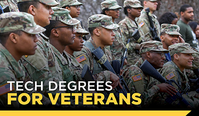diverse students knealing wearing military uniforms looking forward. text: tech degress for veterans.