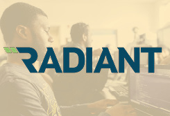 Logo that says Radiant with a yellow filtered image of a student in the background.