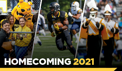 3 photos todat. the first people standing at a fence wearing black and gold with the mascot waving behid them. the second photo is a football player running with a football during the game wearing a black jersey. Third photo is an image of two band members playing instruments. text: Homecoming 2021