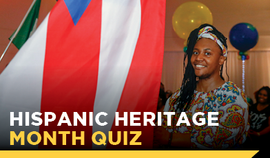 Hispanic Heritage Month Quiz. female student smiling with flag and festive attire