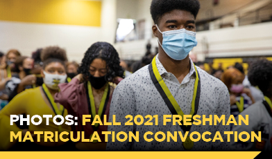 Photos: Fall 2021 Freshman Matriculation Convocation ptext on photo of a male student wearing a medallion at the ceremony